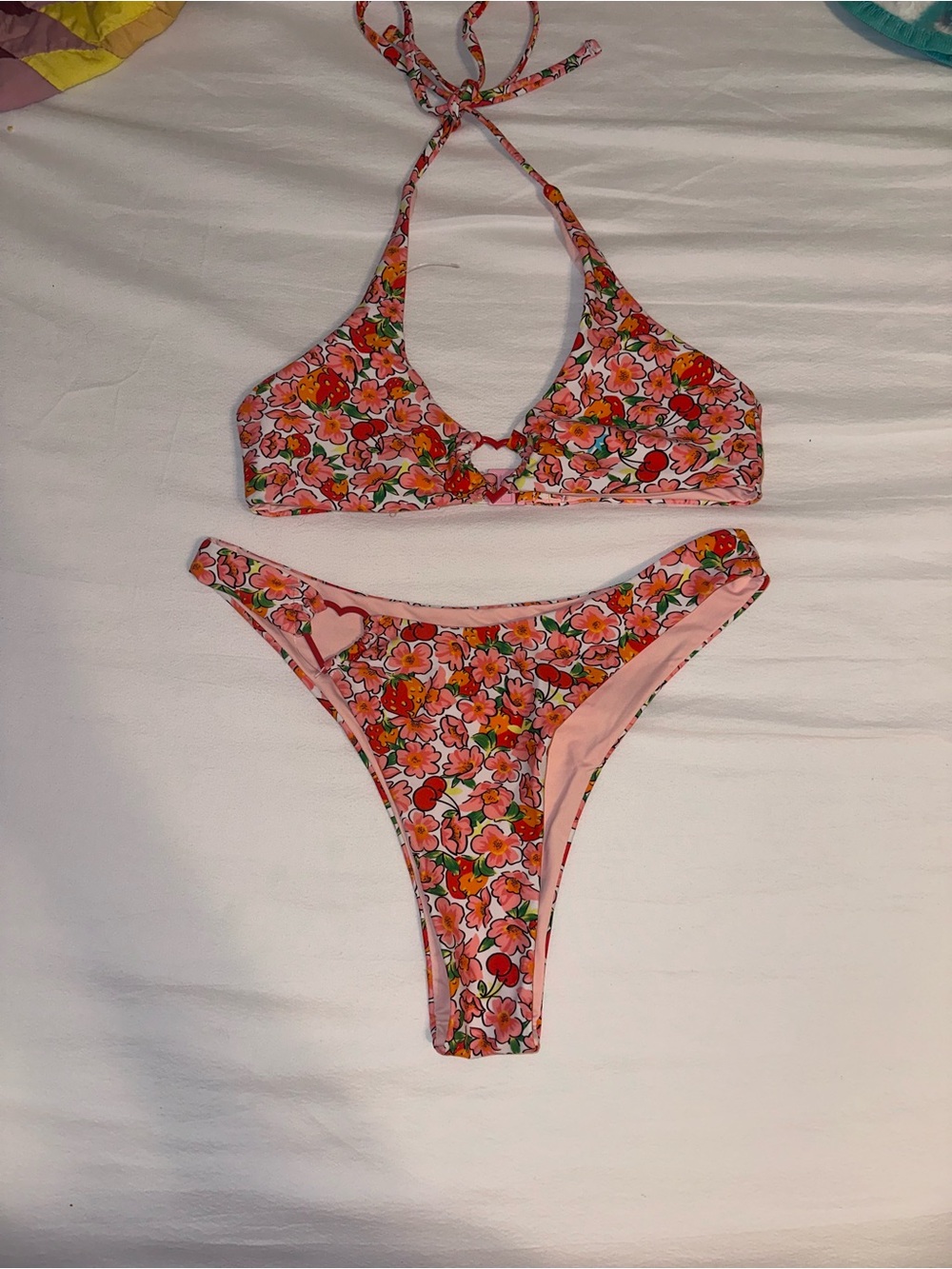 Pink Floral Strawberry and Cherry Halter Bikini Set